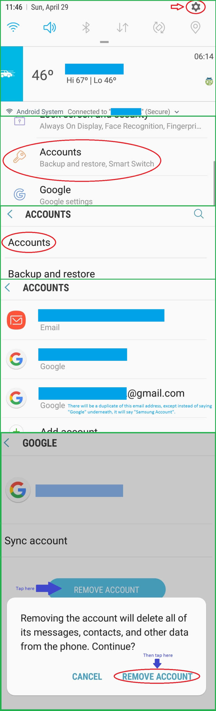 Settings>Accounts>Accounts, select the "Samsung Account" email address and "Remove Account."