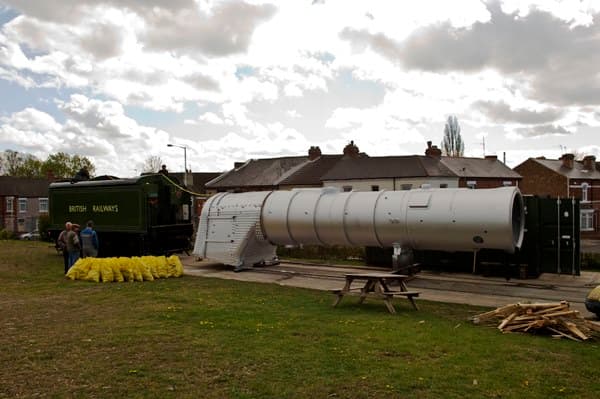The boiler undergoes team-testing outside the shed under the jurisdiction of DLW Robert Hughes