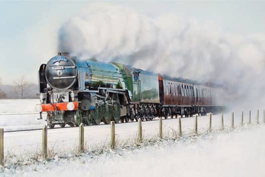 Class A1 "Tornado" takes a midwinter southbound enthusiasts' train bound for Kings Cross - the first LNER designed locomotive to do so since "Flying Scotsman" with Alan Pegler in the mid-1960s - print from original by James Green