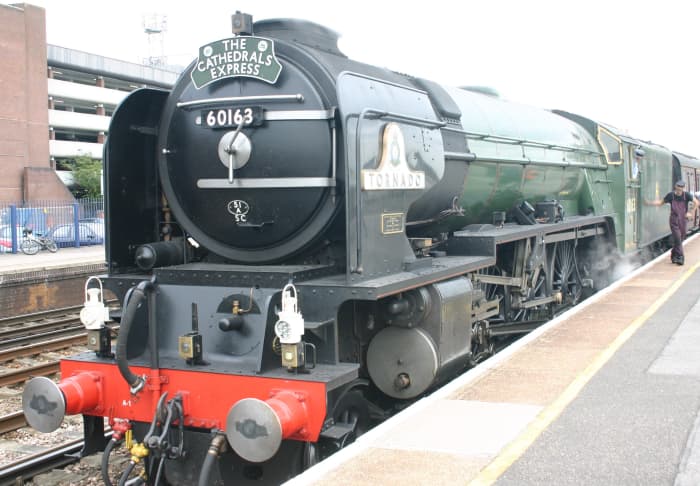 Build year 2008 and in BR Brunswick Green, looking for all the world as if she belonged to another era, 60163 'Tornado' stands at Eastleigh (Hampshire) with the 'Cathedrals Express"