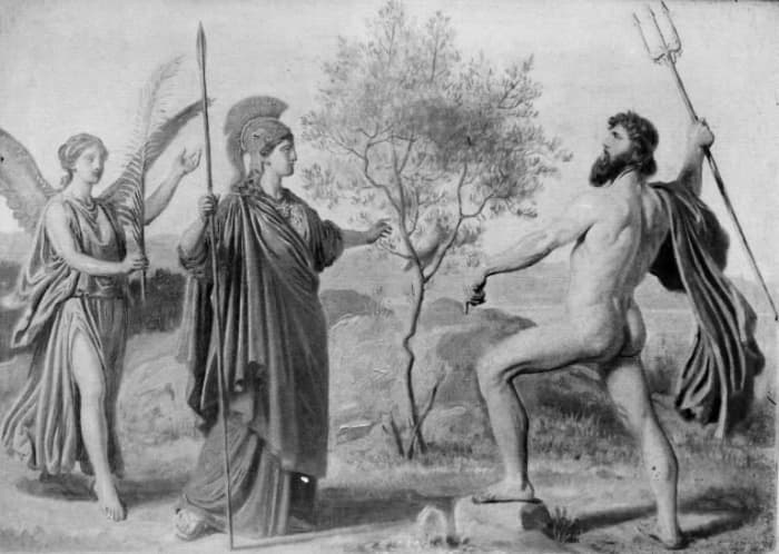 ' Athene followed by Nike Disputing with Poseidon for Possession of Attica', Constantin Hansen, cc. 1819-1880.