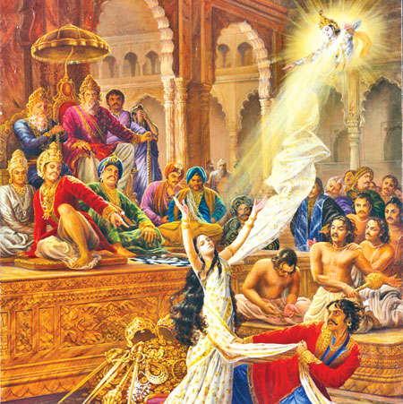 Draupadi is miraculously protected by Lord Krishna and Dushasana finds that as he continues to unwrap the layers of her sari, the amount of fabric covering her never lessens.