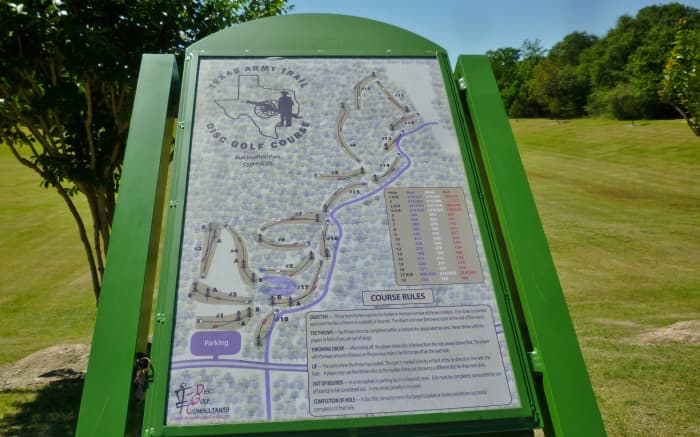 A map is posted at the parking lot of the Texas Army Trail Disc Golf Course in Bud Hadfield Park.