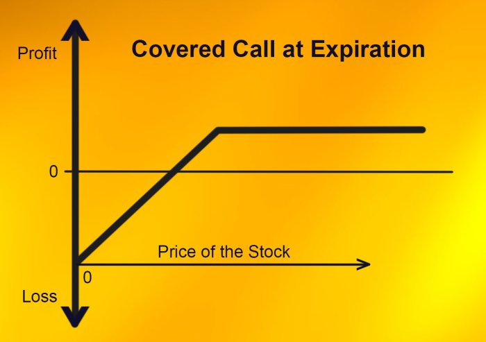 The kink on the profit line is where you cap your profits: the strike price. The line under your profit line is your break-even point. The difference between the breakeven point and your profits is the premium that you collect.
