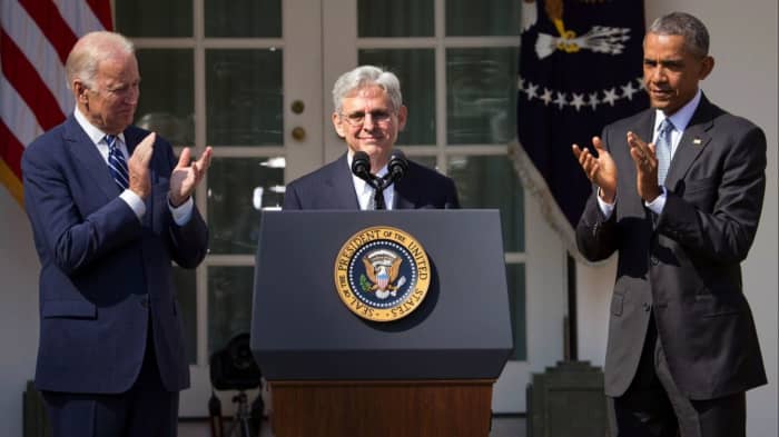 Merrick Garland speaking at the White House Rose Garden on March 16, 2016 after being nominated to the Supreme Court by President Obama