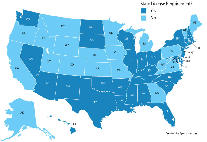 The United States is pretty evenly split between states which require licensing for home inspectors and those which don't.