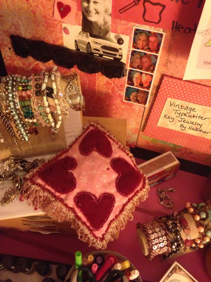 A great way to display your jewelry and keep it organized, is to use simple bracelet displays. These are from Hobby Lobby.