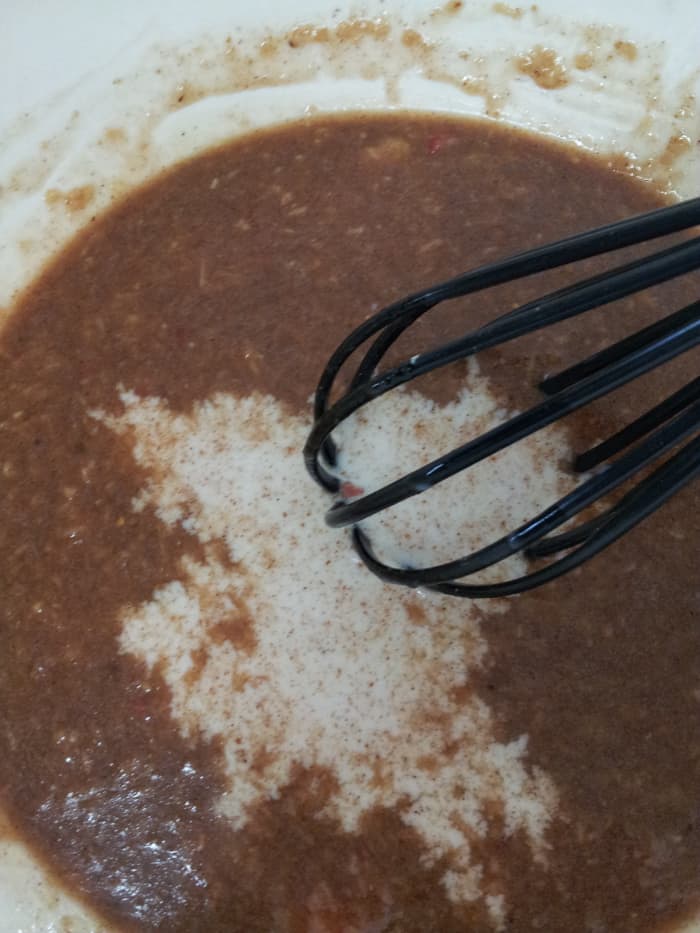 Add in the Almond Milk or other non-dairy milk. You can make your own almond milk with a blender and a nut milk bag, but it is convenient to use ready-to-go store-bought.