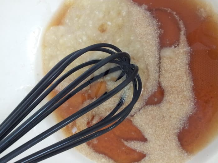 Whisk the Mashed 1/2 Banana, Maple Syrup, and Liquid Coconut Oil into the Flax Egg. This 1/4 C. of Oil is all that is in this recipe!