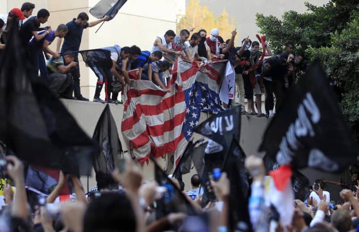 Egyptian protesters tearing down the United States flag at the American Embassy in Cairo on Sept.11, 2012, during a demonstration against “Innocence of Muslims,” a video offensive to Islam.