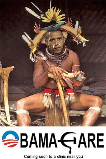 The racist depiction of Obama as a feathered medicine of tribesman with horns sticking out of his nose and father and all over him with primitive tools to top it off