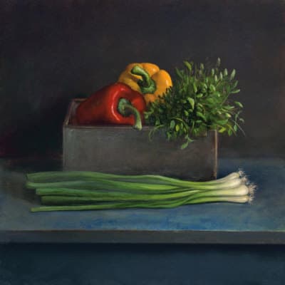 Buy this beautiful kitchen still life at Allposters. It will decorate your kitchen with its beautiful colors of just picked peppers, scallions, and fresh herbs. All favorites of the Magyars.