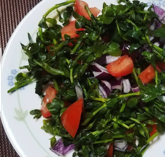 Steamed bacopa monniere with tomatoes. Chopped ginger and onions can be added too. And either your choice of soy sauce, lemon or fish sauce whichever you prefer.