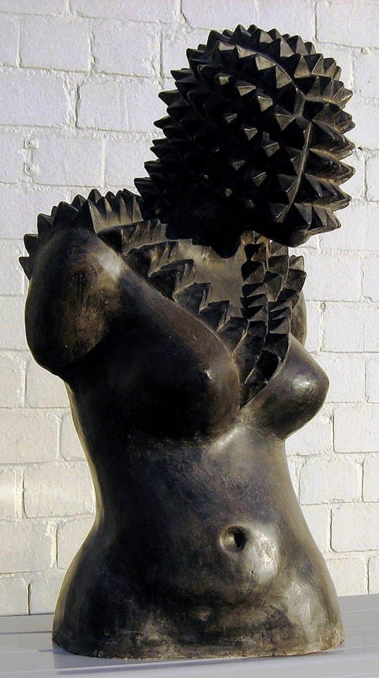 Nkosinathi Khanyile’s “African Queen 1”, which combines the aesthetics of classical Greek sculpture with that of the ‘amasumpa’, the raised relief patterns used traditionally on Zulu pots and woodcarvings that carry social significance. "African Quee