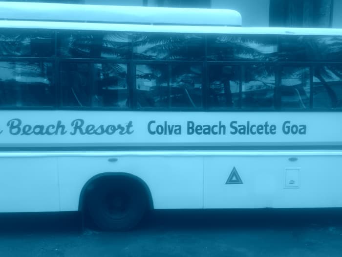 A tourist bus parked in Colmar Beach Resort. They arrange Goa tour every day in the morning.
