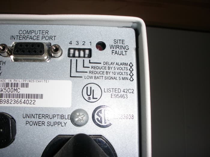 The back side of my Back-UPS 500 UPS. I have mine set to give an alert when there is approximately 5 minutes of battery remaining and then start sounding the alarm at 2 minutes remaining during an outage.