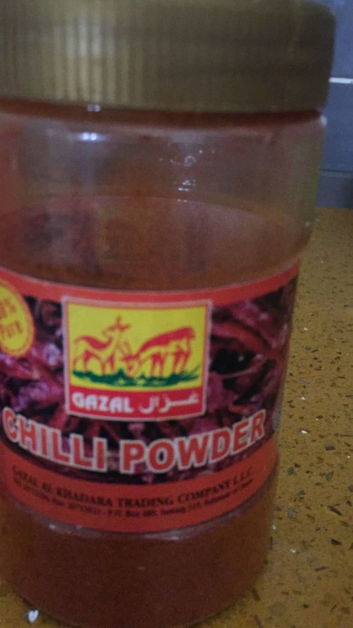 The red chilli powder that I used. I didn't measure the amount, I just sprinkled it that's why it's important to note that the chilli powder is to taste- spicy or not too spicy as your taste buds can handle. You can use any brand.
