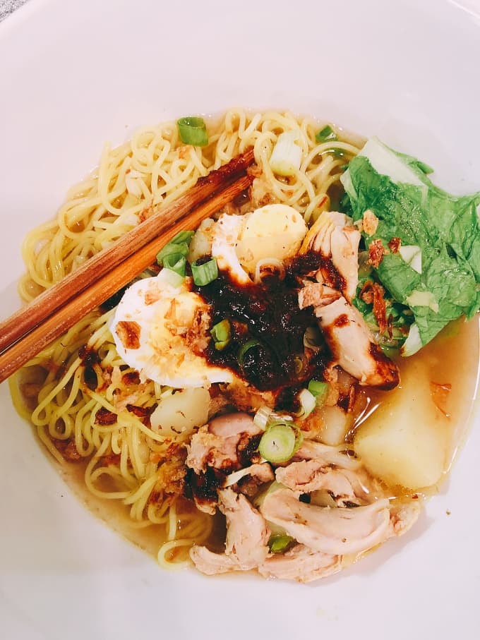 The chicken broth is a star of the dish. Usually, I will use a whole chicken that I cut into a small pieces and throw in the pot and cook for a while.