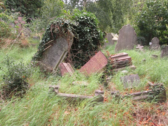 The chaos of sunken earth, stones lain askew and weeds, growing around and from beneath stonework, some almost hiding the monumental masonry