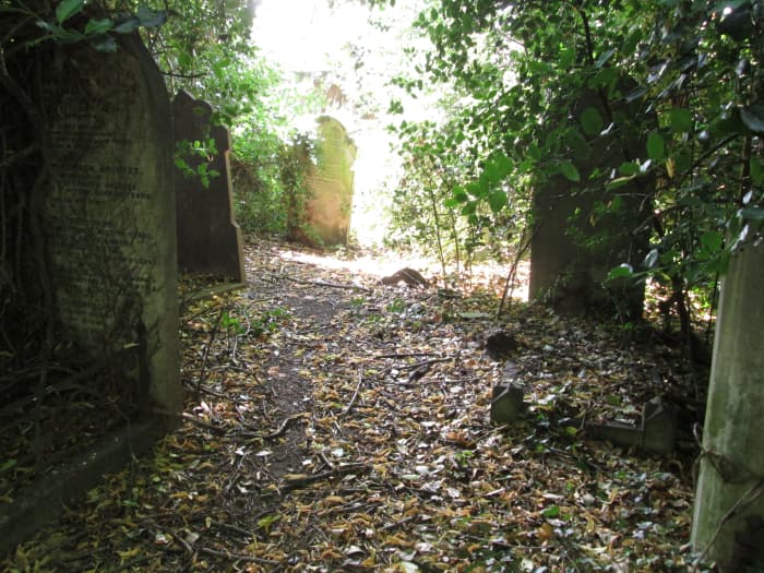 ... Some stones are open to the light where the cemetery backs on to houses in nearby Ridley Road, Forest Gate...