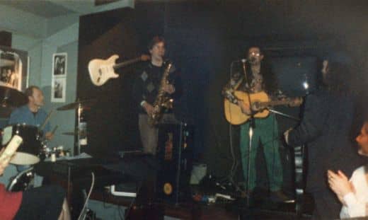 Woody Woodmansey on drums backing me at a Celebrity Centre London party at the Marquee Cafe.