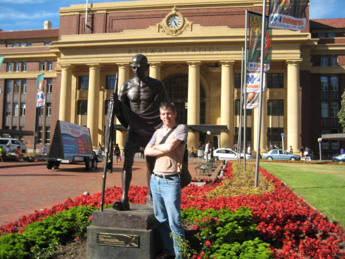 The Gandhi statue is in front of the Wellington Railway Station, Wellington, New Zealand