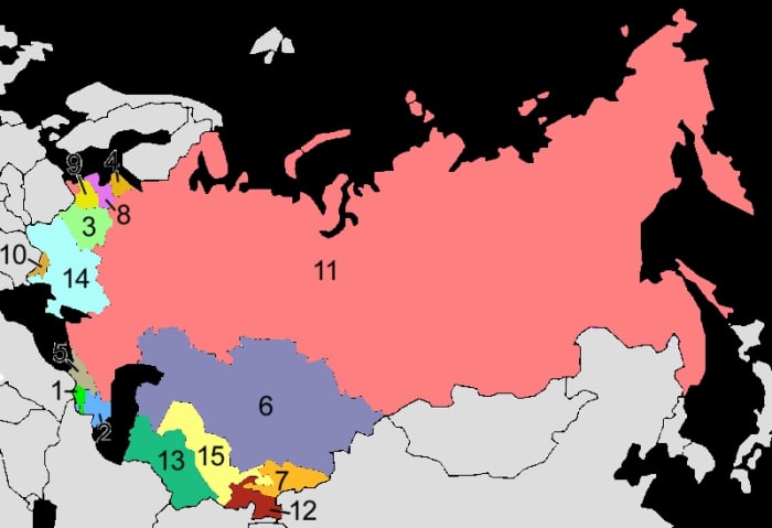 These are 15 republics of USSR. #14 is Ukraine, where Grandma was born and lived till WWII. #6-Kazakhstan. #11-Russia, Grandma worked there in Far East region
