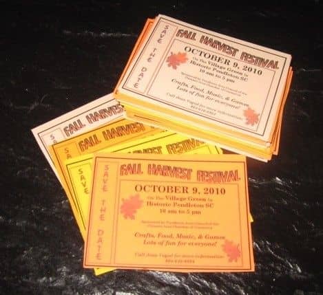 "Save The Date" cards for Fall Harvest Festival have been very helpful in the past and a great way to get people talking about the upcoming festival.