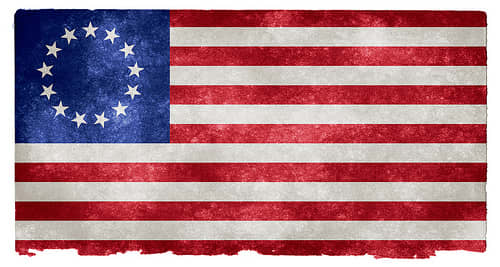 The original US flag had thirteen stripes alternating red and white and a ring of thirteen white stars set on a field of blue.