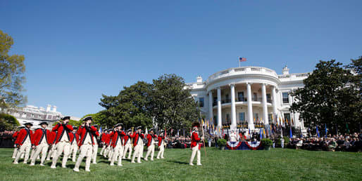 The US Army Old Guard Fife and Drum Corps on the South Lawn of the White House in 2008. The Corps performs at all armed-forces arrival ceremonies for visiting dignitaries and heads of state, and has participated in every Presidential Inaugural Parade