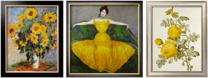 Left to right: Sunflowers by Claude Monet, (c. 1881), Lady in Yellow by Maximillian Kurzweil (c. 1899), and Rosa Sulfurea by Pierre-Joseph Redouté