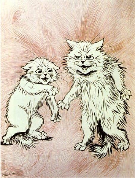 This painting of two cats having a dispute is by the renowned cat artist, Louis Wain. Image cortesy of Wiki Commons