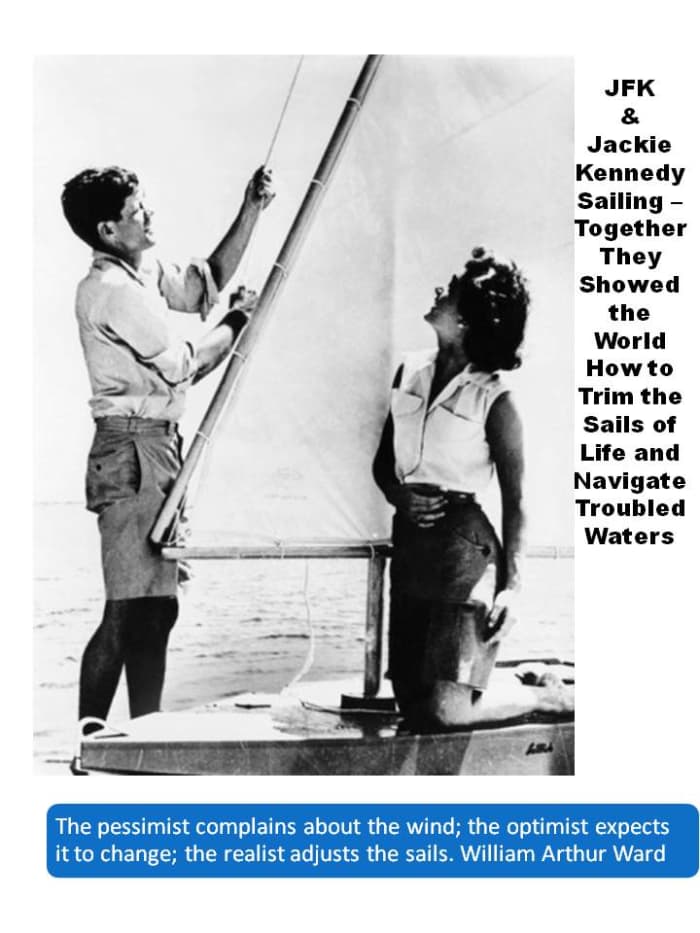 JFK and Jackie Kennedy in black and white photo out on a sailboat with JFK trimming the sail along with famous quotes about trimming the sails to navigate troubled waters