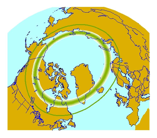The dark green area shows the aurora belt which is where you are most likely to see the aurora borealis or northern lights.