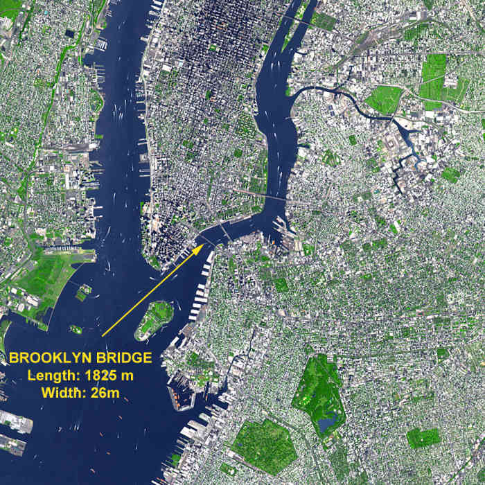 Earth Observatory satellite photo of New York City. (Terra orbits at about 443 miles up.)