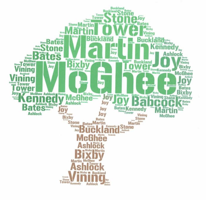 McGhee and Kennedy are my Scots-Irish ancestors. Other names on the tree like Buckland, Ashlock, Bates, Tower, Bixby, Martin, Vining and Joy are from England.