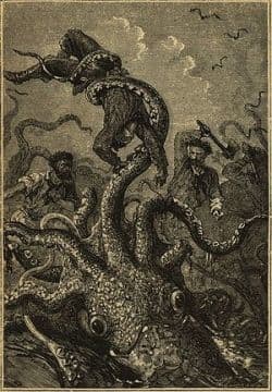 Giant Squid attacks Captain Nemo's Nautilus submarine, illustration from original edition of Jules Verne's 20,000 Leagues Under the Sea
