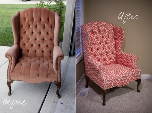 Reupholstering can dramatically change the look of a chair, and I love the new modern fabric on this one.