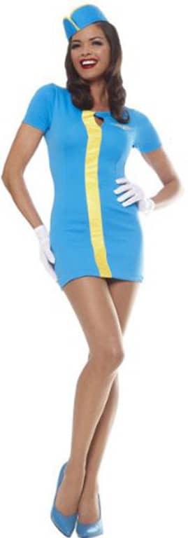 This costume is modeled after the 1960s Pan Am Stewardess uniform, in particular as depicted on the new ABC television show. This suit is "Pan Am Blue" which is a bright sky blue worsted wool.