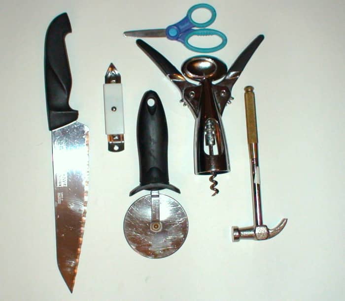 Scissors, bottle openers, and hammers are levers. Pizza cutters and knives are wedges. The Corkscrew is a screw. All are everyday examples of simple machines.