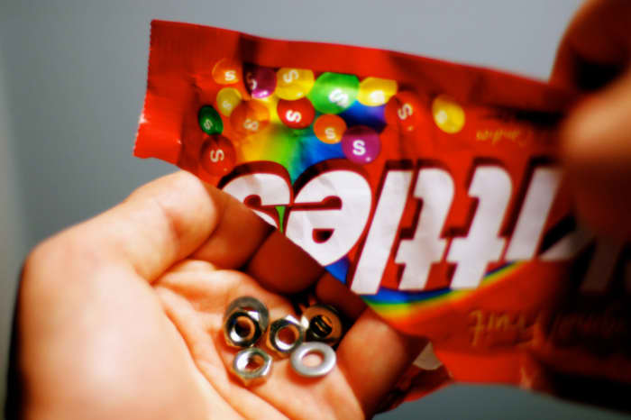 You can always swap out the food in your roomie's favorite packaging for something odd! This skittles trick is brilliant.
