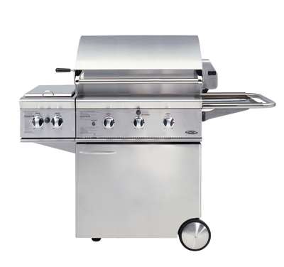 The DCS 30 models were always a little different from the rest of the DCS models. Here a DCS 30" gas bbq grill on a portable cart is shown with a double side burner that replaced one side shelf.