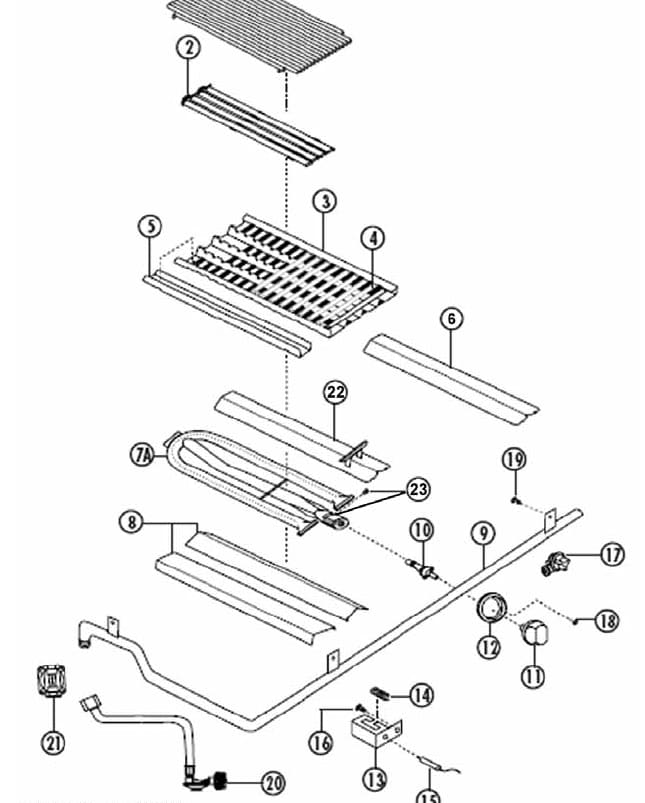 The "D" model DCS grilling area with radiant trays and burner, manifold, control valve, igniter, etc. All the repair parts shown here are popular ones needed for the most popular barbecue grill of it time.
