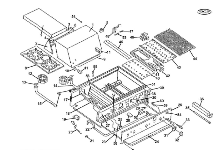 The original DCS A model had the piezo igniter module and a right-left collector box for the ignition electrodes. Visible here is the breakdown of replacement parts including the burner, lava tray, grates and the rotisserie parts.