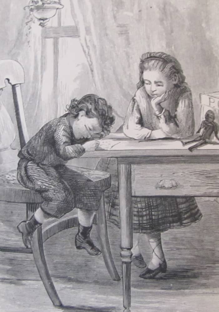 Illustration from a vintage book showing children in clothing from the mid-1800s. Perhaps they are writing a letter to their papa who is far away serving in the military.