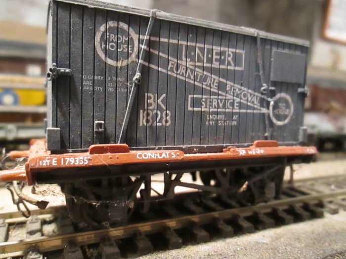Parkside ex-LNER Conflat with Hornby LNER furniture removals container (most would have been repainted in BR bauxite by the early 1950s - this container has been 'faded' to look in need of re-liverying