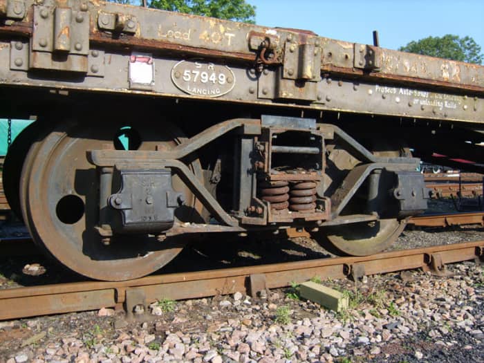 Close up of the real thing this time: Southern Railway (SR) Bogie Bolster wagon No. 57949 bogie built at Lancing in Sussex before 1948