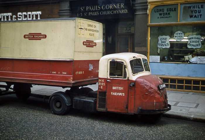 Ultimate in cornering - British Railways Scammell Scarab 'mechanical horse' used in town and city centres for deliveries to shops and warehouses - mechanical horses replaced the real thing from early in the 20th Century, early ones were steam wagons