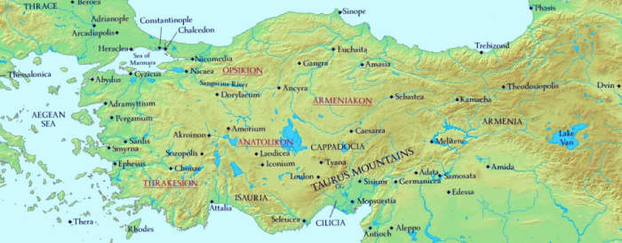 Topographic overview of the Byzantine Empire in Asia Minor during the early Middle Ages to the end of the empire in 1453