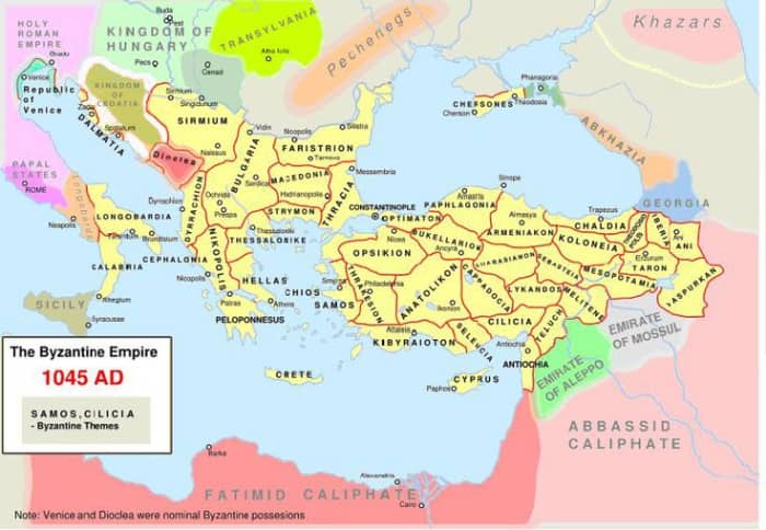 The Byzantine Empire at the time of Zoe, when Harald Sigurdsson captained the Varangian Guard - see Sturlusson: 'King Harald's Saga'